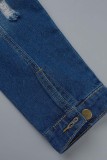 Giacca di jeans normale blu scuro casual strappato patchwork colletto rovesciato manica lunga