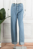 Mittelblaue, lässige, solide Patchwork-Jeans mit hoher Taille und regulärer Denim