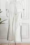 White Casual Street Solid Patchwork Pocket Mid Waist Wide Leg Solid Color Bottoms