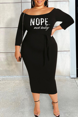 Black Casual Print Patchwork Off the Shoulder One Step Skirt Plus Size Dresses