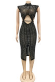 Black Sexy Patchwork Hot Drilling Hollowed Out See-through Slit Half A Turtleneck Sleeveless Dress