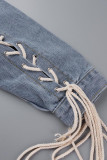 Ljusblå Casual Solid Frenulum Turndown-krage Långärmad vanlig jeansjacka