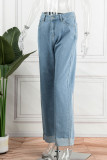 Jeans in denim normale a vita alta con patchwork solido blu medio