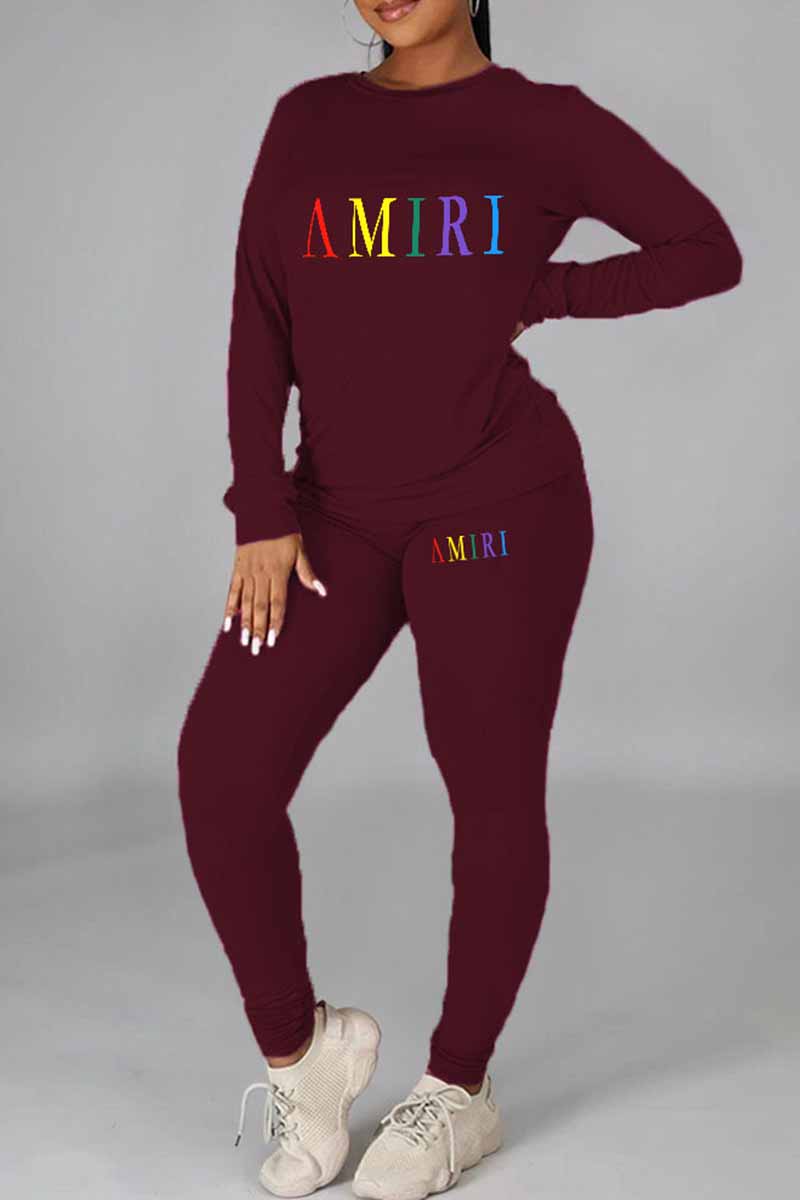 

Burgundy Casual Print Letter O Neck Long Sleeve Two Pieces