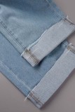 Jeans Denim Regular Azul Médio Casual Patchwork Sólido Cintura Alta