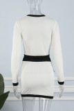 White Casual Daily Solid Patchwork O Neck Long Sleeve Two Pieces