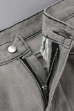 Gris Casual Street Solid Make Old Patchwork Jeans de cintura alta