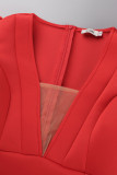 Laranja Vermelho Sexy Formal Sólido Patchwork Transparente V Neck Vestidos de Noite