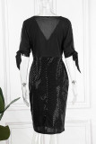 Vestidos de falda de lápiz con cuello en V ahuecados de patchwork casual sexy negro