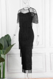 Vestido de manga corta con escote en O transparente con retazos de borla sólida formal sexy negro Vestidos