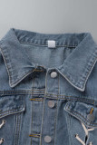 Голубая повседневная однотонная джинсовая куртка с отложным воротником и длинными рукавами
