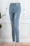 Deep Blue Casual Solid Patchwork High Waist Ripped Skinny Denim Jeans