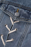 Giacca di jeans regolare a maniche lunghe con colletto rovesciato con frenulo solido casual azzurro