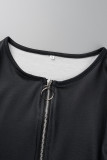 Black Casual Plaid Print Patchwork Zipper Collar Tops