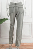 Grey Casual Street Solid Make Old Patchwork High Waist Denim Jeans