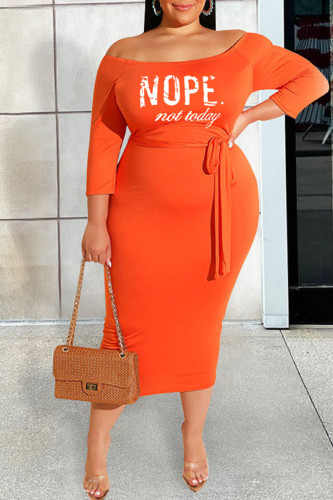 Tangerine Red Casual Print Patchwork Off the Shoulder One Step Skirt Plus Size Dresses