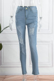 Light Blue Casual Solid Ripped Patchwork High Waist Skinny Denim Jeans