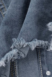 Jaqueta jeans azul clara casual frênulo sólida gola virada para baixo manga longa regular