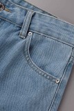 Jeans Denim Regular Azul Médio Casual Patchwork Sólido Cintura Alta
