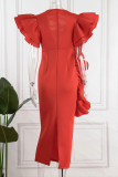 Orange Red Sexy Formal Solid Patchwork See-through V Neck Evening Dress Dresses