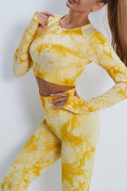 Желтый Повседневная спортивная одежда С принтом Пэчворк Круглый вырез Длинный рукав Из двух частей