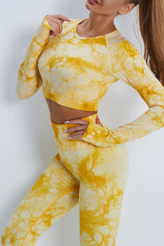 Yellow Casual Sportswear Print Patchwork O Neck Long Sleeve Two Pieces
