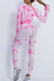 Розовый Повседневная спортивная одежда С принтом Пэчворк Круглый вырез Длинный рукав Из двух частей