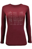 Burgund Casual Solid Patchwork Hot Drill O Neck Tops