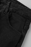 Jeans jeans regular preto casual rasgado patchwork cintura alta
