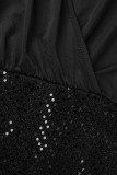 Schwarze, sexy, lässige Patchwork-Kleider mit V-Ausschnitt und Bleistiftrock