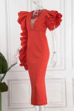 オレンジ レッド セクシー フォーマル ソリッド パッチワーク シースルー V ネック イブニング ドレス ドレス