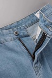 Medium Blue Casual Solid Patchwork High Waist Regular Wide Leg Denim Jeans