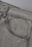 Gris Casual Street Solid Make Old Patchwork Jeans de cintura alta