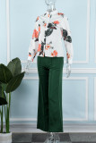 Black Casual Print Patchwork Buckle Mandarin Collar Long Sleeve Two Pieces