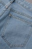 Средне-синие повседневные однотонные джинсы в стиле пэчворк с высокой талией, обычные джинсовые джинсы