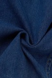 Chaqueta casual de mezclilla rasgada sólida cuello vuelto manga larga azul oscuro