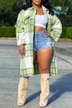 Light Green Casual Plaid Patchwork Pocket Shirt Collar Outerwear