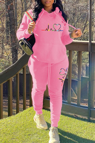 Pink Casual Print Patchwork Hooded Collar Long Sleeve Two Pieces