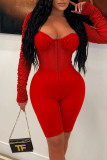 Red Sexy Solid Patchwork See-through Fold Zipper Square Collar Skinny Rompers