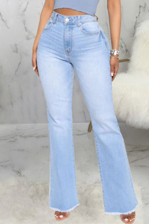 Light Blue Casual Solid Patchwork High Waist Flare Leg Boot Cut Denim Jeans
