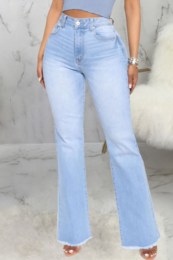 Lichtblauwe casual stevige patchwork jeans met hoge taille en bootcut denim
