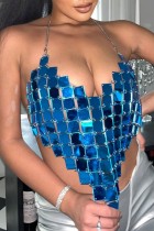 Синие сексуальные однотонные топы в стиле пэчворк с открытой спиной и бретельками на шее