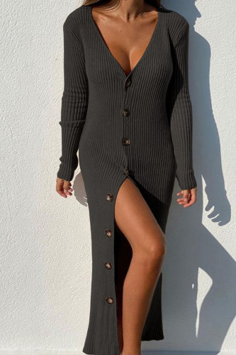 Black Casual Solid Patchwork Buckle V Neck Pencil Skirt Dresses