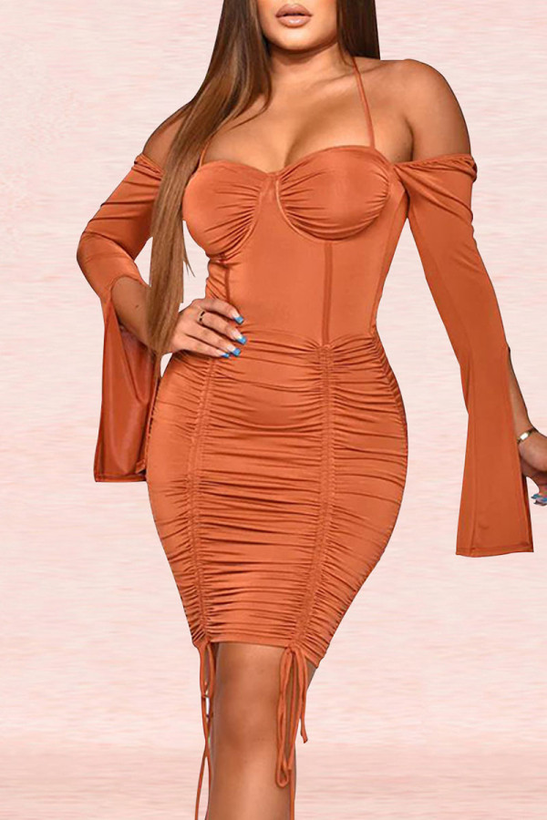 Apricot Sexy Solid Patchwork Draw String Fold Off-Shoulder-Bleistiftrock-Kleider