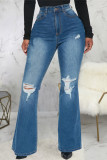 Dark Blue Casual Solid Ripped Patchwork High Waist Boot Cut Denim Jeans