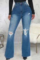 Jeans de mezclilla con corte de bota de cintura alta de patchwork rasgado sólido informal azul