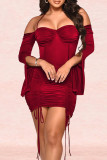 Rojo sexy sólido patchwork dibujar cuerda doblar fuera del hombro lápiz falda vestidos