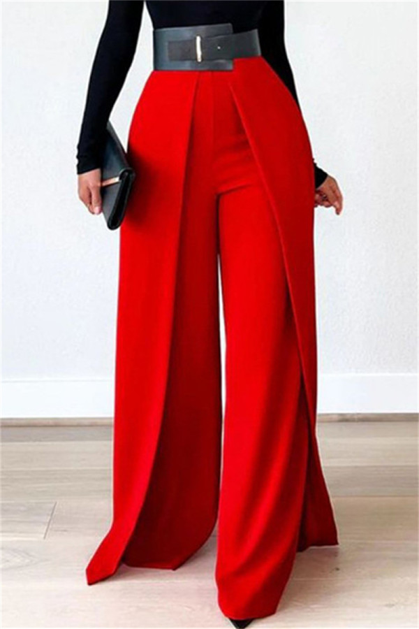 Красные повседневные однотонные прямые однотонные брюки в стиле пэчворк с высокой талией
