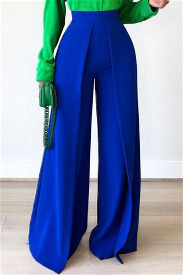 Pantalones rectos de color sólido rectos de cintura alta rectos de patchwork sólido casual azul