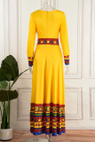 Gul Casual College Print Patchwork O-hals långärmade klänningar